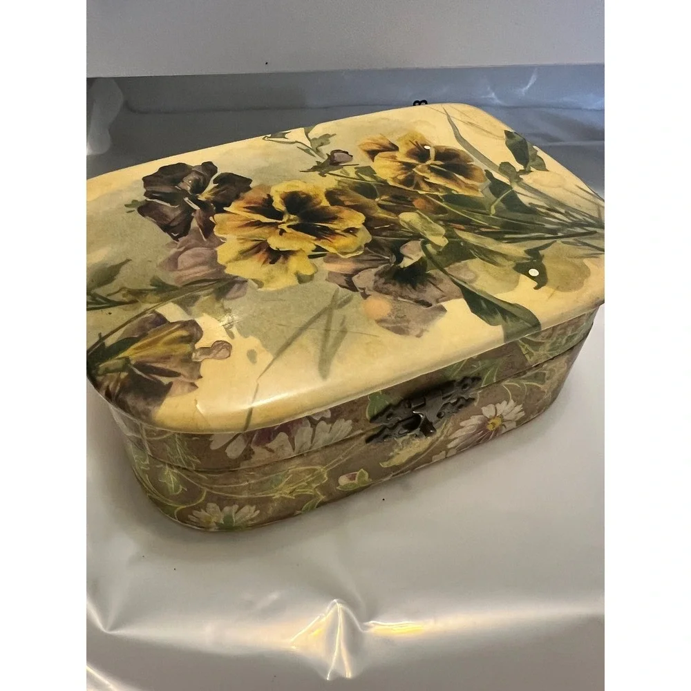 Vintage Floral Decoupage Jewelry Box Hinged Wood Trinket Box Yellow 6x4‎
